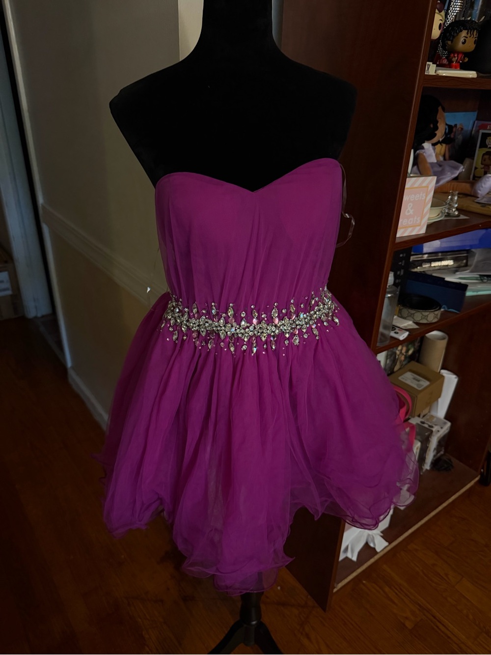 Fashion Nova Strapless Hot Pink Tulle Party Dress with Jeweled Waist